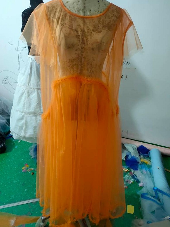 高品質！ 妊婦ドレス マタニティ 写真撮影 オレンジ シースルー ワンピース ソフトチュール