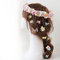 春色パステルカラーのふわふわ花冠 ヘッドパーツ付き 1枚目の画像