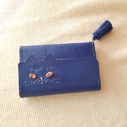 【springsale❀·°】ねこのお顔　カードポケット付き・キーケース ブルー猫 jewelry ver.　牛革 1枚目の画像