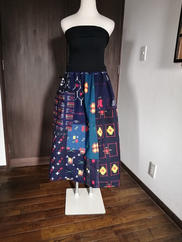 着物リメイク　絣パッチスカート 1枚目の画像