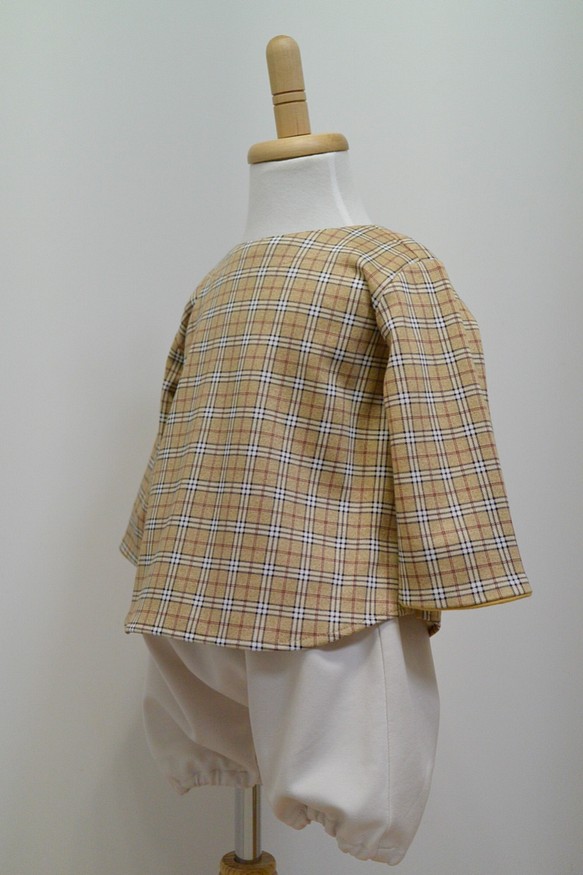 タータンチェック×マスタードの長袖シャツとサルエルパンツのセットアップ（ベビー80） 1枚目の画像