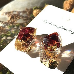 石榴石和金箔礦石耳環耳環一月生日石天然石金屬過敏紅棕色波爾多秋季 第1張的照片