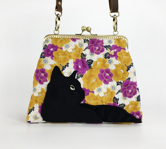 黒猫 和柄 花柄 がま口 可愛い 斜めがけ バッグ ショルダーバッグ 