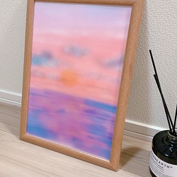 海と夕陽　ポスター　A4サイズ　おしゃれ　キレイ　紙　　夕陽　海　赤　空　雲　景色　癒し　インテリア　 1枚目の画像
