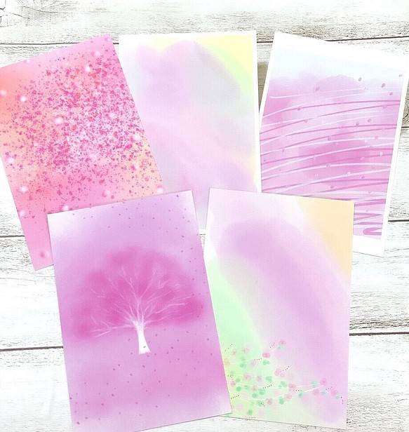 5枚 ポストカード ハガキ 桜 春 ピンク アート イラスト 花 花柄 花がら 模様
