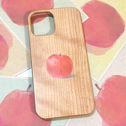 【iPhone12・12Pro】ケース　スマホケース　かわいい　赤　おしゃれ　ウッド　木材　りんご　フルーツ　林檎　赤　 1枚目の画像