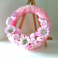 ホッコリ羊毛のお花畑リース♥ピンク 1枚目の画像