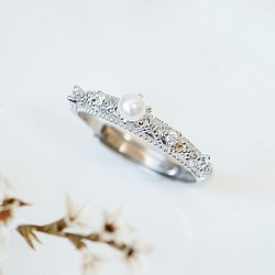 珍珠 pearl 925純銀 戒指 六爪氣質立體雕花 第1張的照片