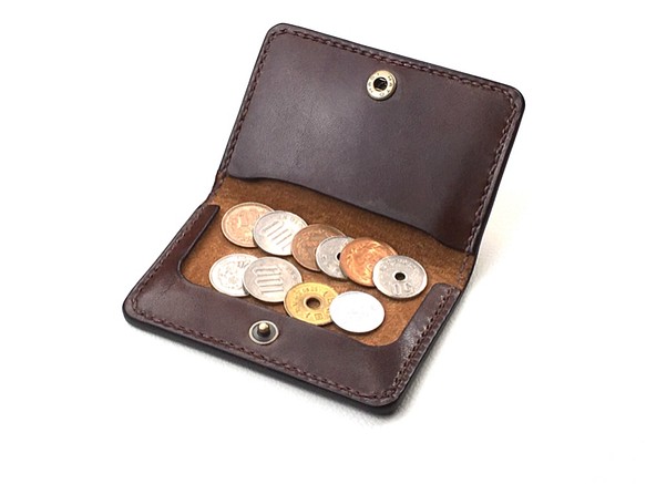 【手縫】巧克力色真皮零錢包套（可裝約30枚10日元硬幣） 第1張的照片