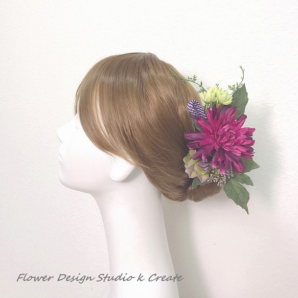 プラム色のダリアのUピン（6本セット）　造花　アーティフィシャルフラワー　髪飾り　紫　ワイン　浴衣 1枚目の画像