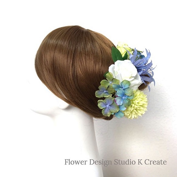 紫陽花と薔薇のUピン（7本セット）　黄緑　青　ブルー　髪飾り　浴衣  着物　訪問着 1枚目の画像