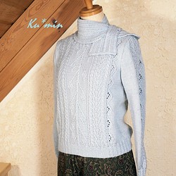 手編みセーター＆プチマフラー✿silkwoolアクア 1枚目の画像