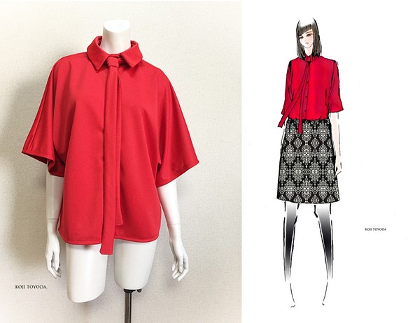 【1点もの・デザイン画付き】タイ付きゆったり着物袖ドットクールニット赤ブラウス（KOJI TOYODA） 1枚目の画像