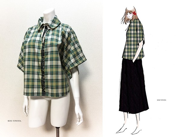 【1点もの・デザイン画付き】着物袖ゆったりチェックブラウス（KOJI TOYODA） 1枚目の画像