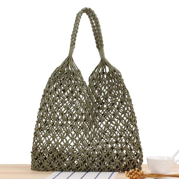 手織りコットンロープアーミーグリーンレディースネットバッグ 1枚目の画像