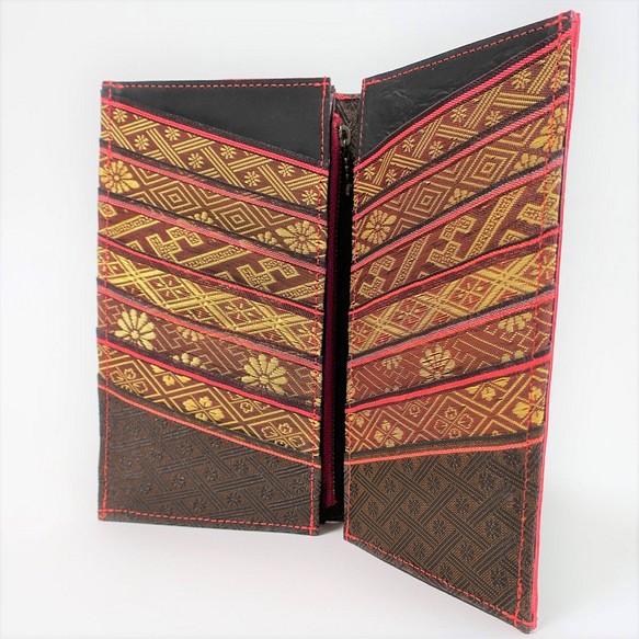 (受注生産)【玉-gyoku-】畳の縁の長財布 十二単の襟元 黒赤 26カード 本革 入金から約３週間で発送 3枚目の画像