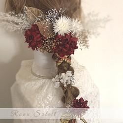 ヘッドドレス　RED＆gold 結婚式　卒業式　プリザーブドフラワー　ドライフラワー　ドレス　着物　袴　 1枚目の画像