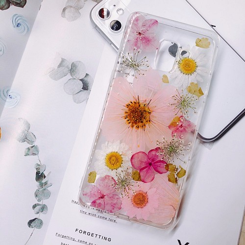iPhone12/13 ピンク花 人気押し花ケース 携帯カバー Xperia8 XR/XS GalaxyS20+