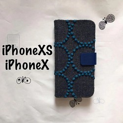 手帳型ケースiPhoneX/iPhoneXSミナペルホネン タンバリン チャコール×ブルー 1枚目の画像