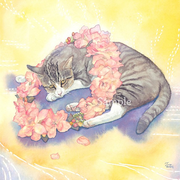 驚きの価格 Delphinium デルフィニウム ジークレー複製画 ねこ 花冠の水彩画 水彩絵具 墨 Goods By Nl