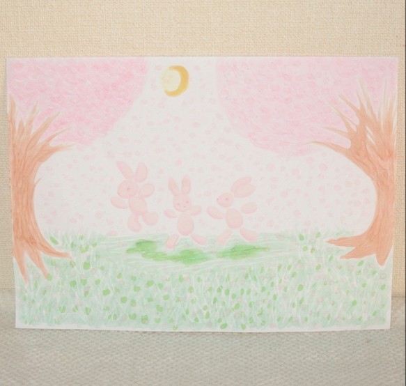 【月うさぎと桜の花びら】オリジナル　アート　イラスト　原画　可愛い　優しい　春　spring　rabbit　moon