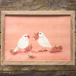 【受注制作】日本画　いちご文鳥　鳥絵画 1枚目の画像