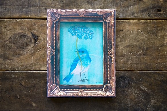ミニ日本画　青い鳥の絵　鳥の絵画 1枚目の画像