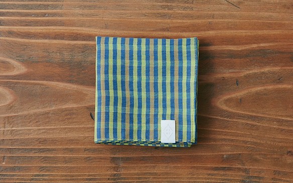 亞麻棉色織檢查手帕綠×藍 第1張的照片