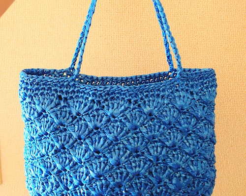 再販】スズランテープバッグ 松編み ブルー 編み 手編み トートバッグ 