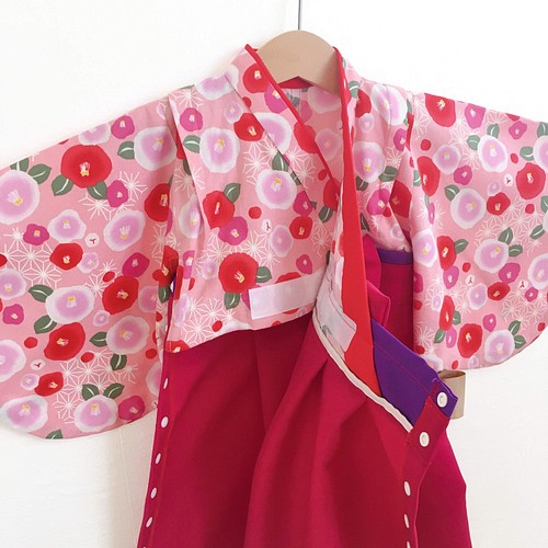 袴ワンピース【椿麻の葉 ピンク×ワインレッド袴×赤襟×紫帯】ベビー袴 