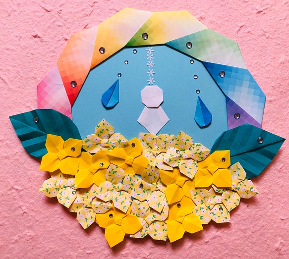 折り紙リース雨上がりの紫陽花＊小花イエロー 1枚目の画像