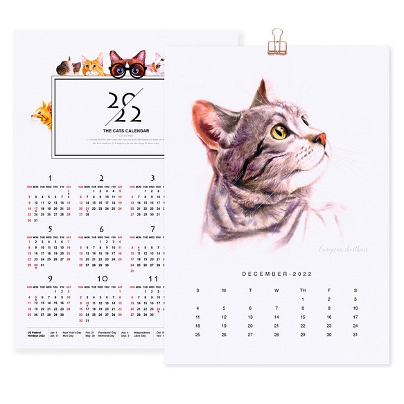 2022年の猫の壁掛けカレンダー・水彩画のシンプルなかわいい猫のカレンダー cc07 1枚目の画像