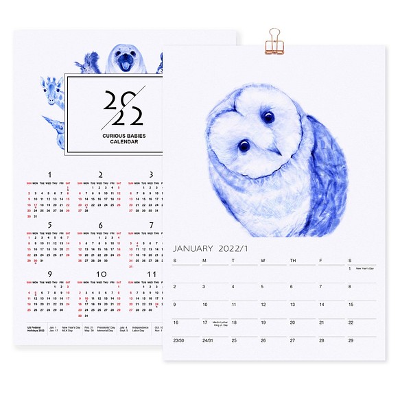 2022年の動物の赤ちゃんの壁掛けカレンダー・水彩画のシンプルの動物の赤ちゃんのカレンダー ff08 1枚目の画像