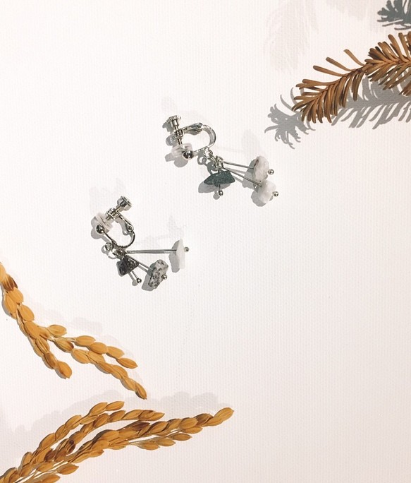 石穗-穀雨　天然大理石  獨家設計手作夾式耳環 第1張的照片