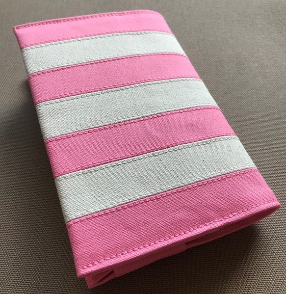 ブックカバー 帆布製「ボーダー柄：ピンク×キナリ」 （文庫本サイズ） 1枚目の画像