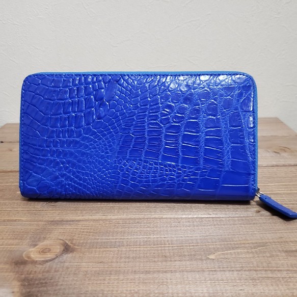 【訳あり商品】シャムクロコ（クロコダイル革）レディース・メンズ財布 ラウンドファスナー　ブルー 1枚目の画像