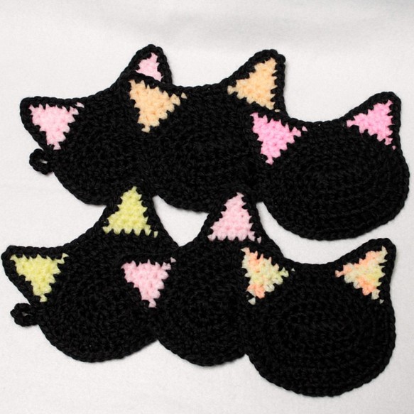 シンプルかわいい黒猫のエコたわし&コースター　たっぷり6枚セット(1重タイプ)　送料無料 1枚目の画像