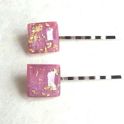 ヘアピン2本セット　箔入り薄紫の和風スクエアカボション 1枚目の画像