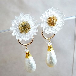 耳環雛菊透明色凸圓形和棉珍珠滴 第1張的照片