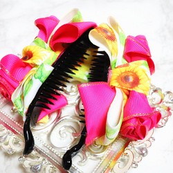 夏 髪飾り ひまわり 浴衣  着物 大人 可愛い オシャレ  ボリューム 女の子 バナナクリップ  ピンク 1枚目の画像