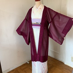 新品 正絹 単衣 女物 長羽織 赤紫色 絽紗