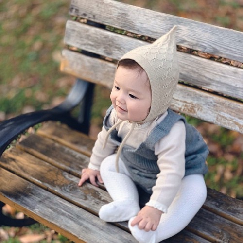 0～3ヶ月 サイズ 極細メリノウールのボンネット (ソフトベージュ) ニット帽 ♡ 赤ちゃん帽 ♡ ベビー帽