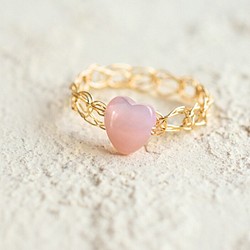 [K14gf]粉紅色貝殼心形*金色針織戒指 第1張的照片