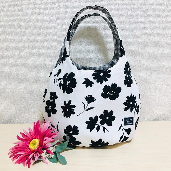 ☆kororin bag ☆ころりんバッグ☆ボタニカル柄xチェック☆モノトーン