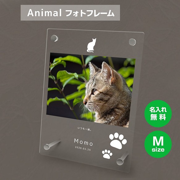 【名入れ無料】 フォトフレーム サイズM ペット ペットグッズ 写真立て フォトスタンド cat001m 1枚目の画像