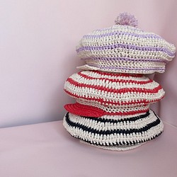 <小帽簷系列> 條紋POMPOM 報童帽-紫白條紋 第1張的照片