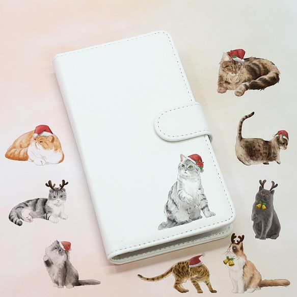 クリスマス 全機種対応 iPhone12【スマホケース 手帳 ワンポイント印刷】 ネコ 猫 にゃんこ A123L 1枚目の画像