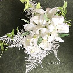 カサブランカの””ウェディングブーケ　ブートニア付き　花材は全て高品質アーティフィシャルフラワー(造花)