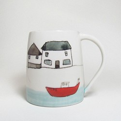 イギリス作家の手作りマグカップ「家と舟」 1枚目の画像