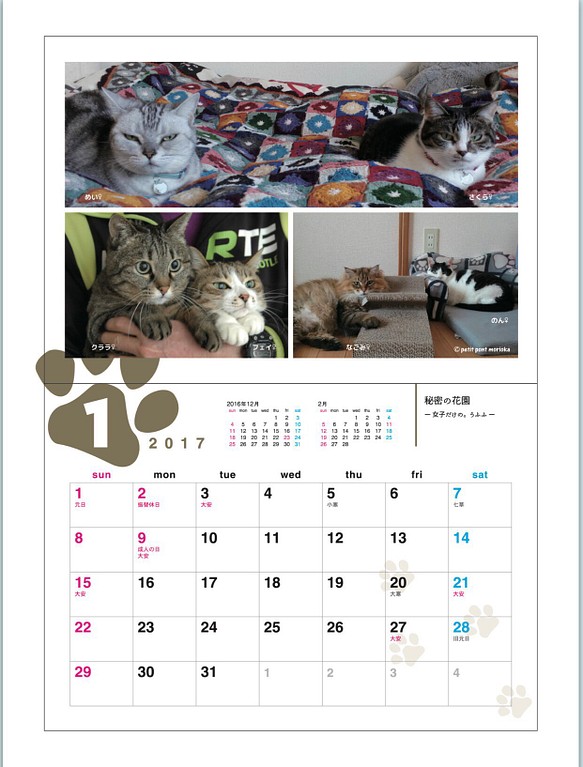 猫のカレンダー*壁掛けタイプ 1枚目の画像